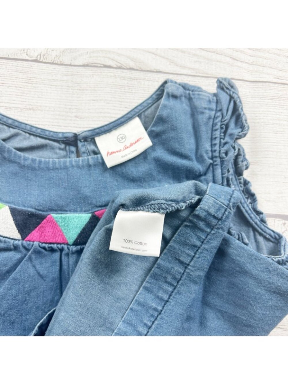 Hanna Andersson Girls Tunic Denim Dress Sleeveless Triangle Embroidery Design 8 - Picture 2 of 3